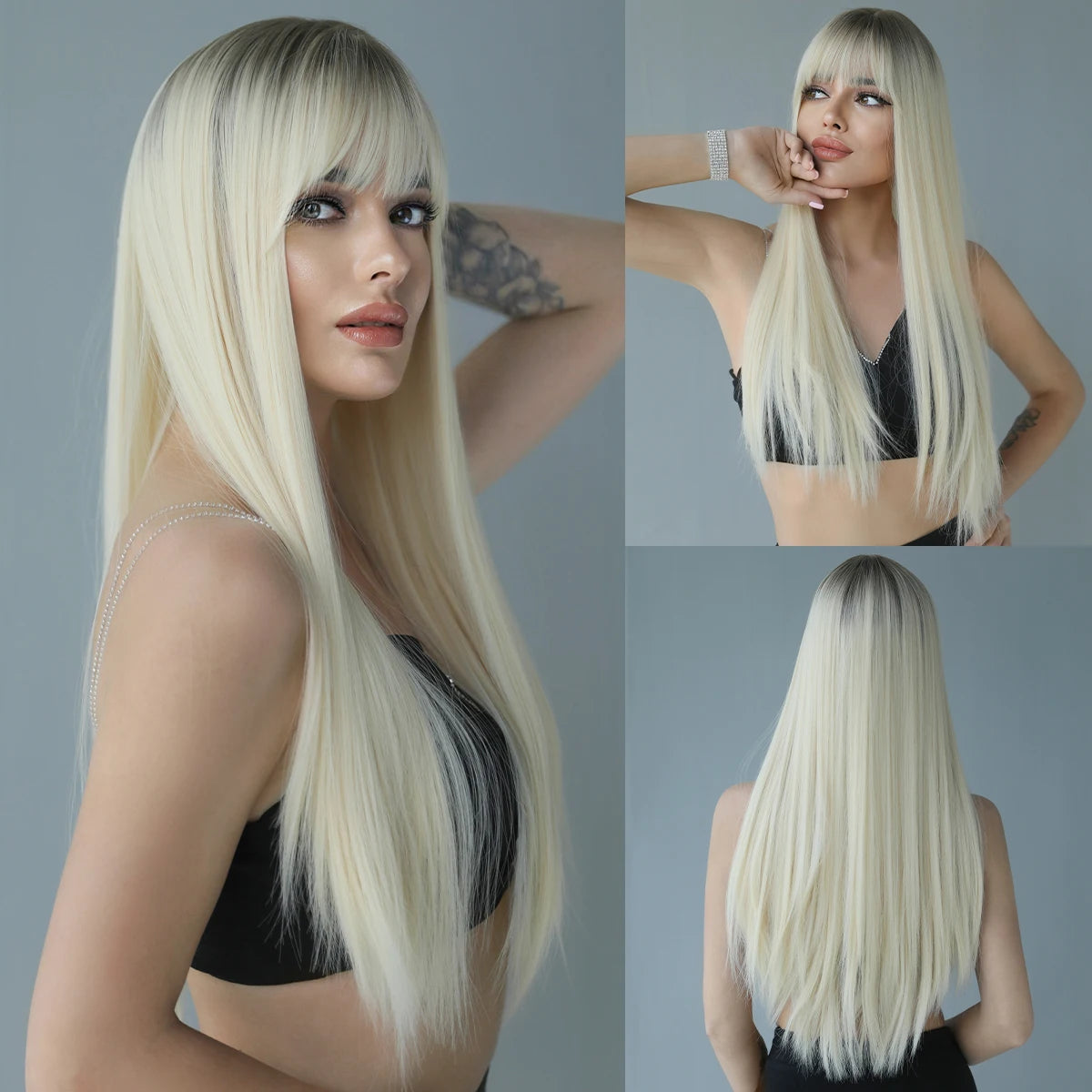 Long Straight Synthetic Wig with Bangs – Heat Resistant