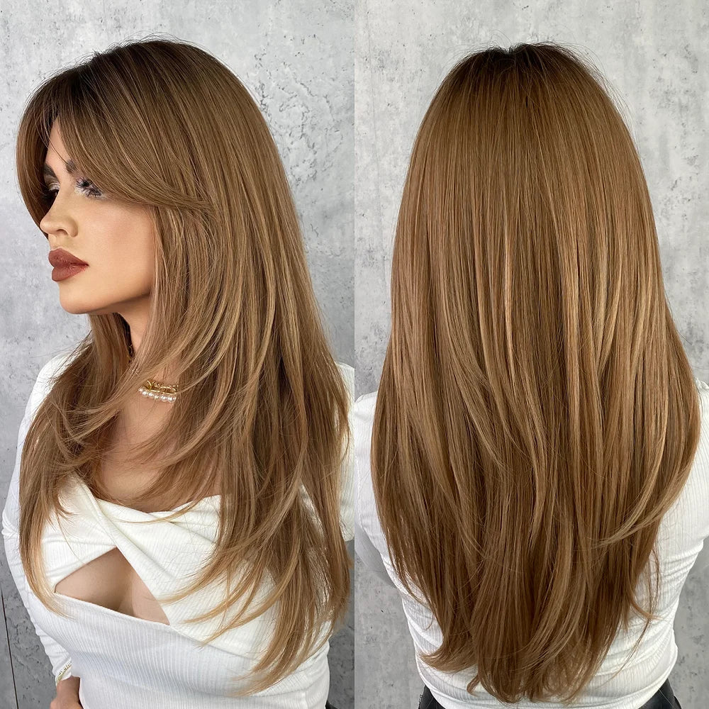 Long Straight Synthetic Wig with Bangs – Heat Resistant