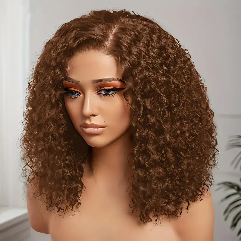Chocolate Brown Kinky Curly Bob Wig – 13×4 Lace Front, Pre-Plucked