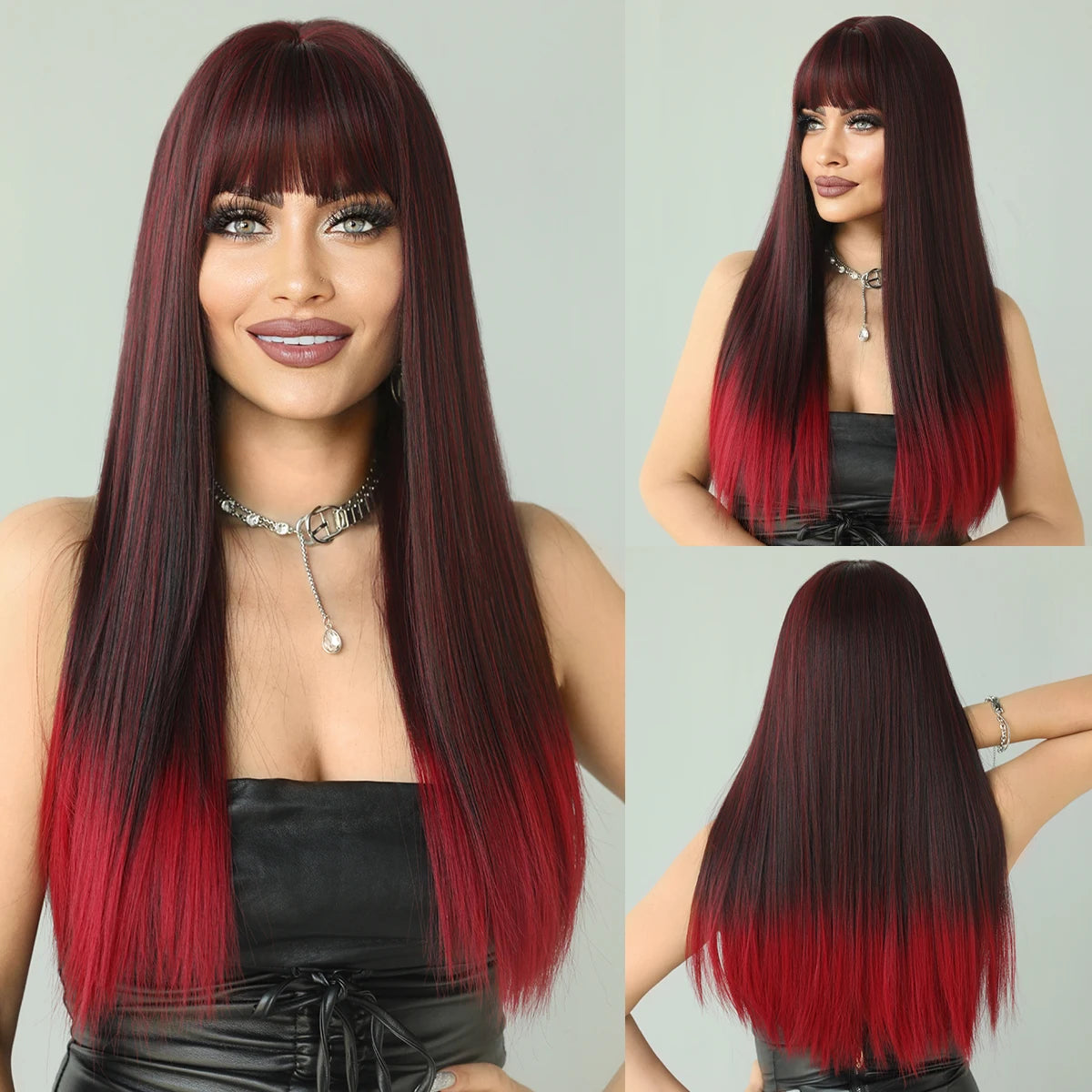 Long Straight Synthetic Wig with Bangs – Heat Resistant