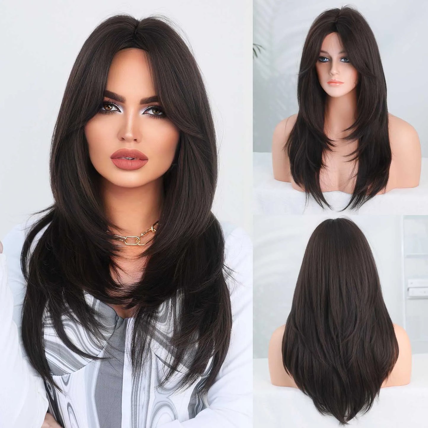 Long Straight Synthetic Wig with Bangs – Heat Resistant