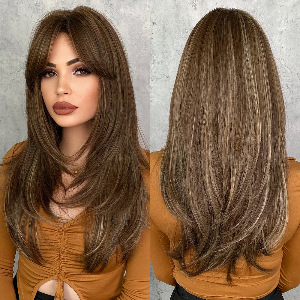 Long Straight Synthetic Wig with Bangs – Heat Resistant