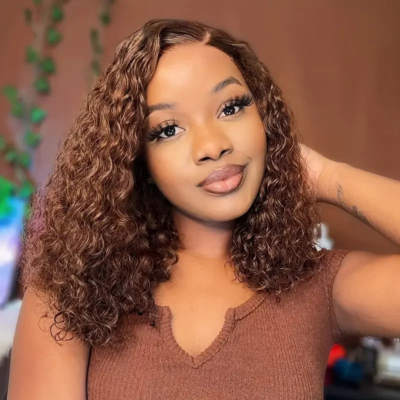 Chocolate Brown Kinky Curly Bob Wig – 13×4 Lace Front, Pre-Plucked