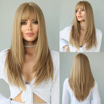 Long Straight Synthetic Wig with Bangs – Heat Resistant